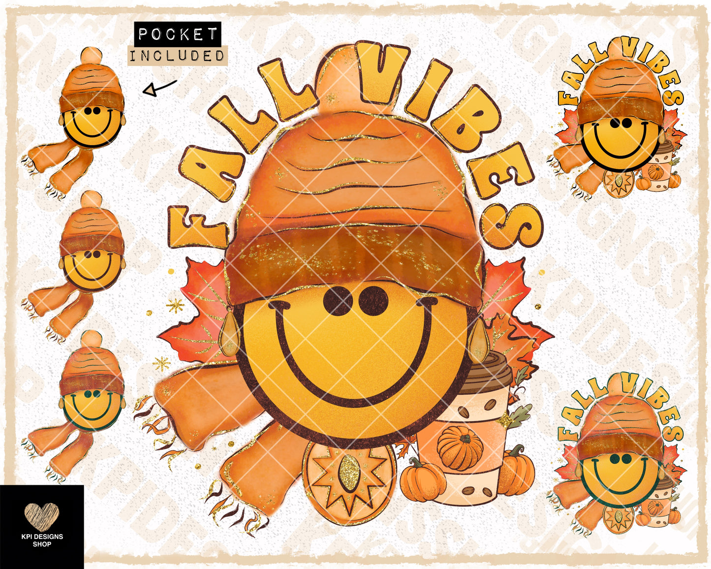 Fall Vibes Smiley + Matching Pocket (26-pack) - Aug2023 - PNG - Digital Design