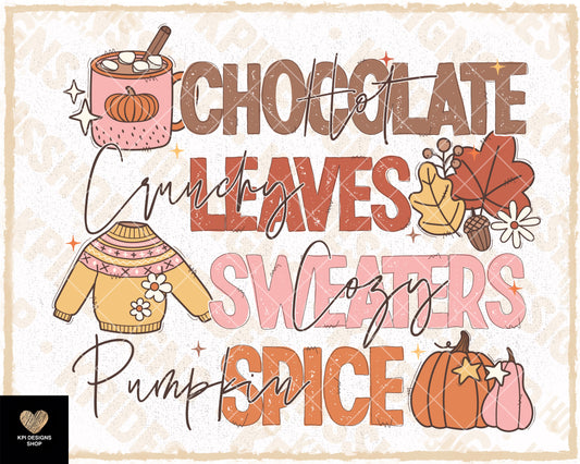 Hot Chocolate, Crunchy Leaves, Cozy Sweaters, & Pumpkin Spice (2-pack) - Sept2023 - PNG - Digital Design