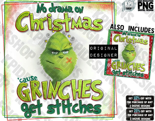 Mean Ones Get Stitches Bundle (2 pack) - No Drama On Christmas - PNG - Digital Design  (Personal Use Recommended)