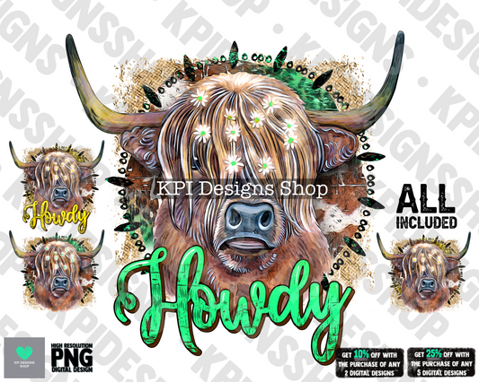 Howdy (4-pack) - Highland Cow - Mar2022 - PNG - Digital Design