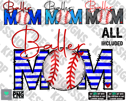 Baller Mom - Baseball (4-pack) - PNG - Digital Design