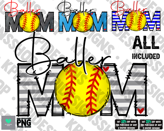 Baller Mom - Softball (4-pack) - PNG - Digital Design