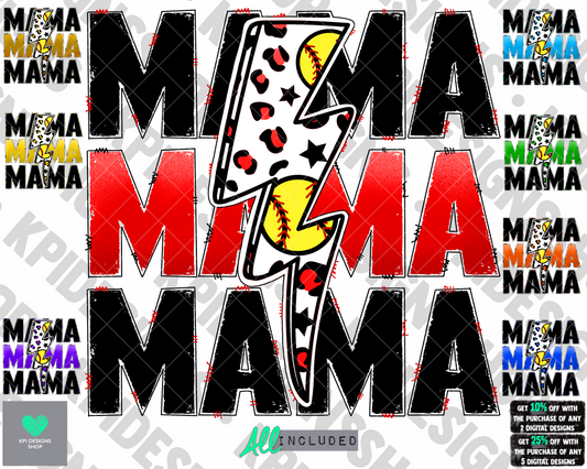 Softball Mama Bolt (9-pack) - Sept2022 - PNG - Digital Design