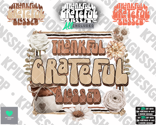 Thankful, Grateful, Blessed (4-pack) - Sept2022 - PNG - Digital Design