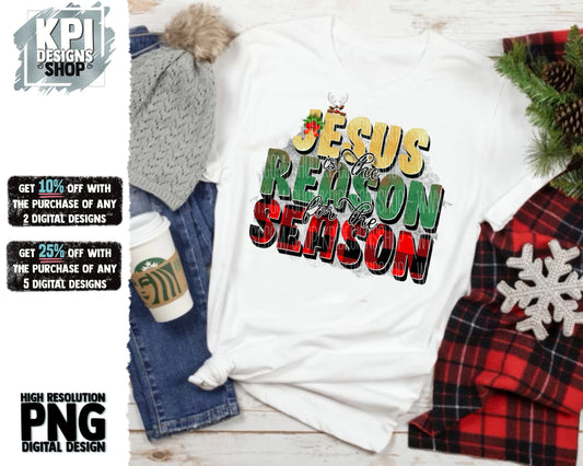 Jesus Is The Reason For The Season - Buffalo Plaid - PNG - Digital Design