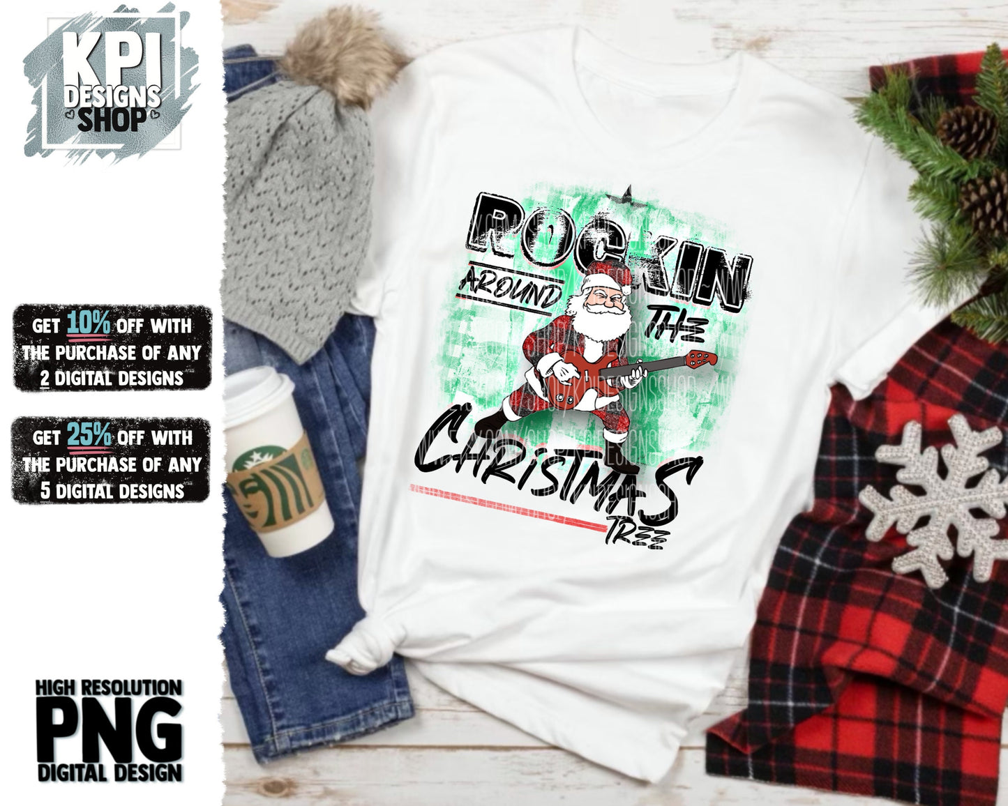 Rockin Around The Christmas Tree - Rock n Roll Christmas Santa - PNG - Digital Design